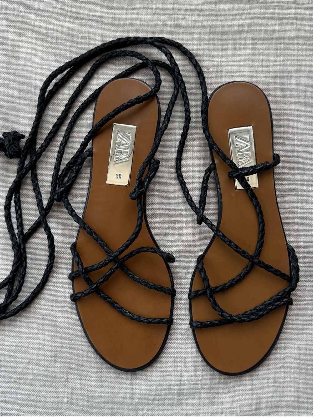 Zara Black Braided Lace-Up Sandals with Brown Footbed